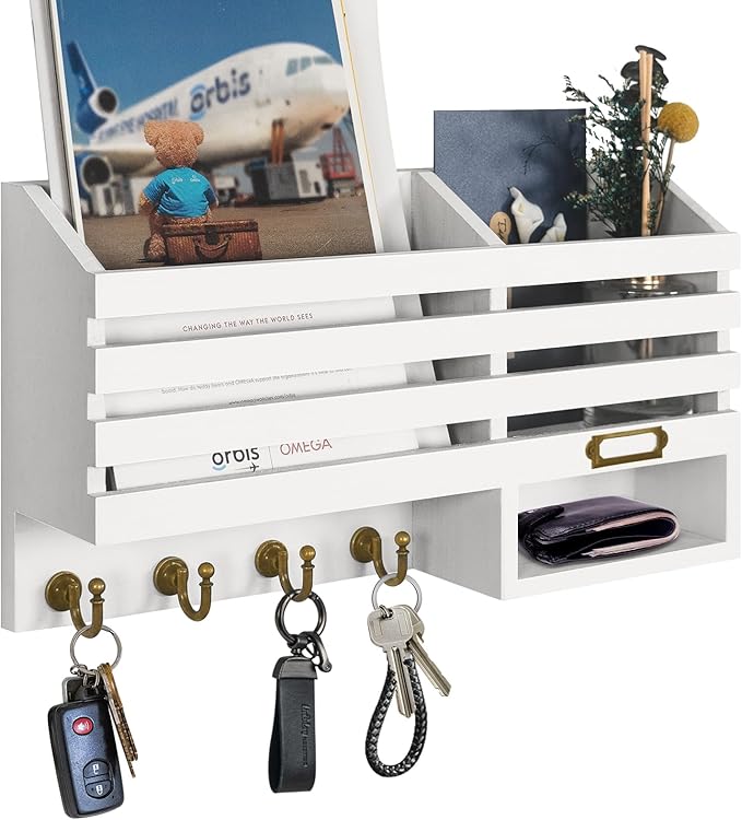 FifthQuarter Key Holder for Wall: Easy Mounted Key Rack and Mail Organizer with Store Shelf and Four Sturdy Keys Hooks Decor 
