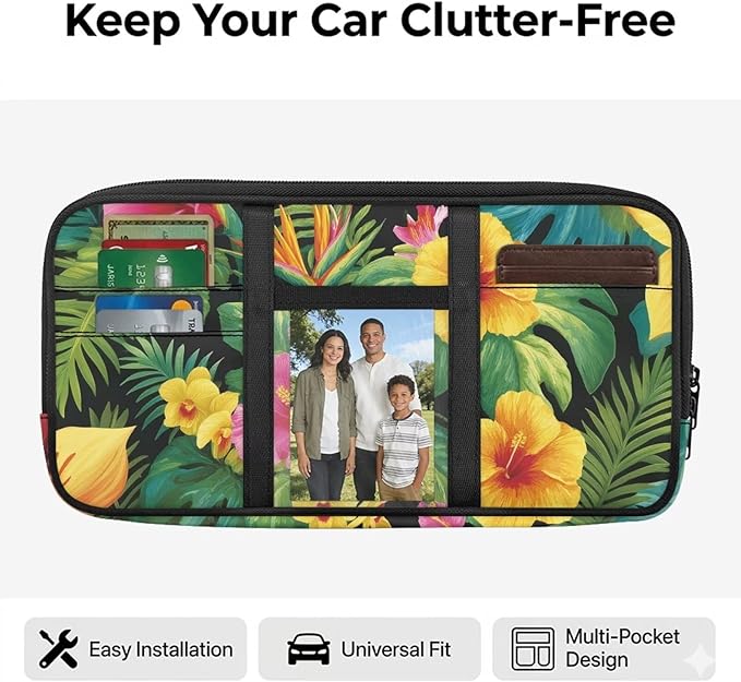 Tropical Plants Car Sun Visor Organizer with Multi-Pocket Car Visor Organizer with Card Holder Easy Installation Universal Fit for Most Cars SUV