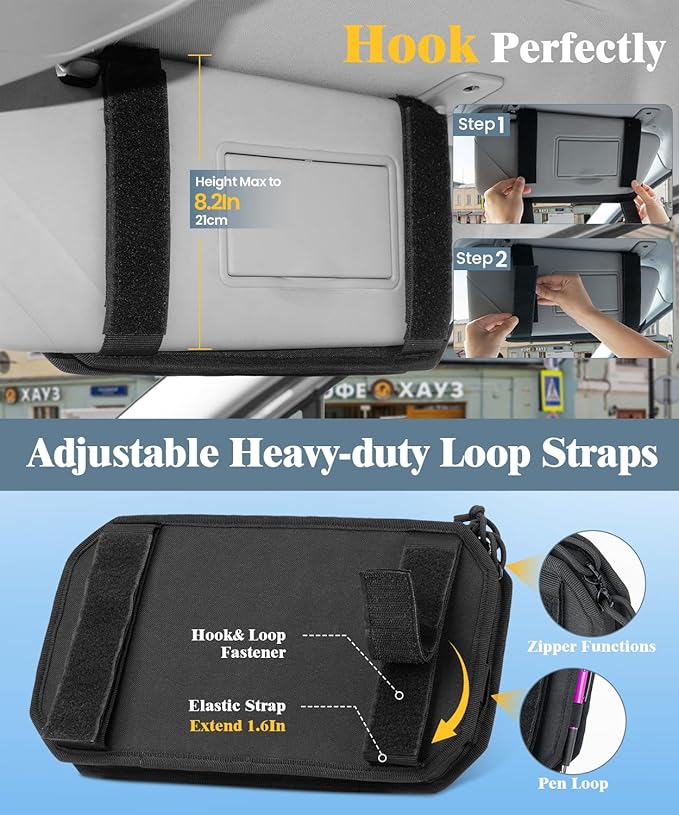 DEEPLITE Car Sun Visor Organizer with Double Zipper Multi-Pockets & Glasses Clip, Semi-Rigid Molle Panel with Patch for Driving Essentials - Heavy Duty Straps Fits Trucks, SUV, Vehicles