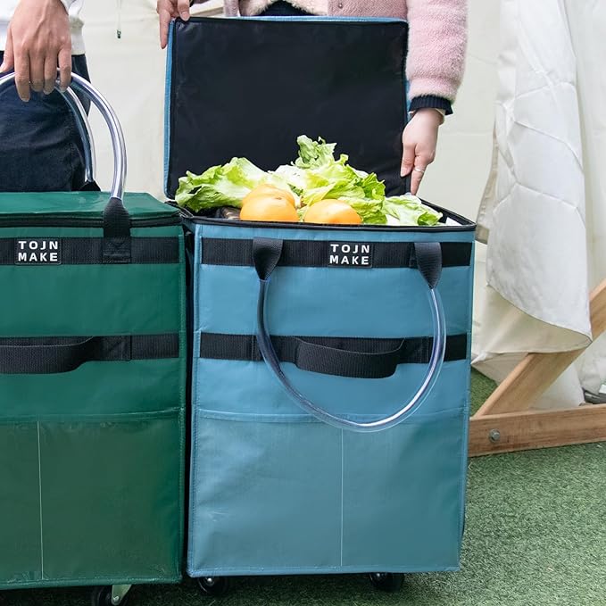 Reusable Grocery Bag On Wheels, Shopping Trolley, Rolling Tote with 8 Pockets and Zipper Cover, Foldable, Heavy Duty Handles, Carries Up to 46 LBS (Medium, Blue)