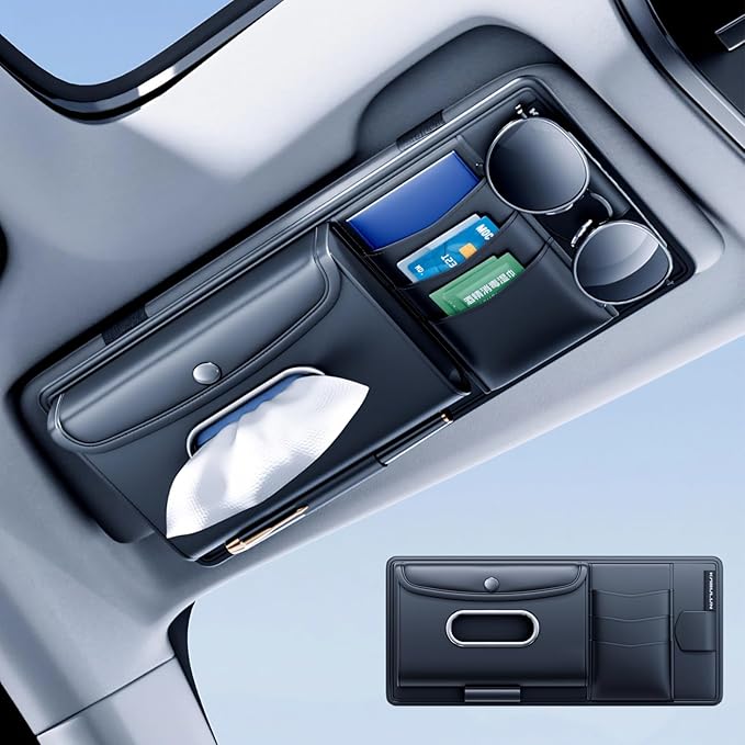 Leather Car Visor Organizer with Tissue Holder, Card Holder and Sunglasses Clip