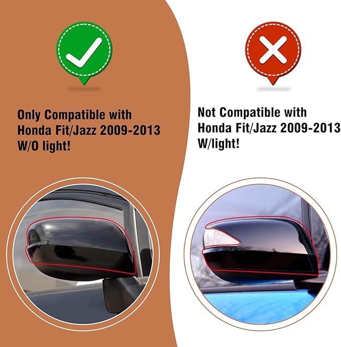 OWITAI Compatible with Honda Fit/Jazz Right Passenger Side Mirror Cap Cover 2009 2010 2011 2012 2013, Glossy Black Door Rearview Mirror Cover Replacement Without Turn Signal Light for Fit/Jazz