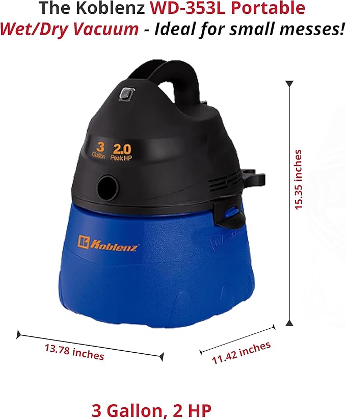 Koblenz WD-353L Portable Wet-Dry Vacuum Cleaner, 3 Gallon Tank, 2.0 HP Vacuum Cleaner with Several Accessories, 5 Year Warran