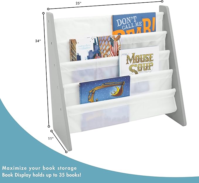 Humble Crew 4-Tier Kids Bookshelf, Grey Wood/White - Premium Book Shelf for Kids Rooms with Four Deep Pockets - Toddler Sling