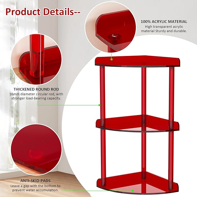 Sezanrpt 3 Tier Countertop Corner Organizer Shelf 7x7x15.7 Inch, Red Countertop Acrylic Bathroom Corner Shelf, Vanity Storage