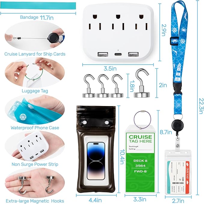 Cruise Essentials 2026 - Cruise Must Haves Kit with Non-Surge Protector Power Strip, Lanyard with ID Holder, Magnetic Hooks, 