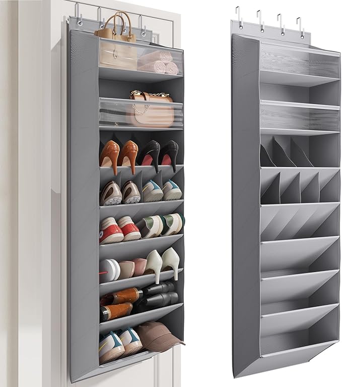 Mefirt 16-20 Pairs Over the Door Shoe Organizer, Clear Pockets Shoe Rack for Closet Door, Hanging Shoe Rack for Boots, Behind