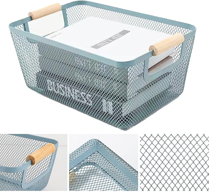 AJIODA Metal Mesh Steel Basket, Large Wire Storage Organizer Basket Multi-function Hanging Kitchen Baskets with Wood Handle f