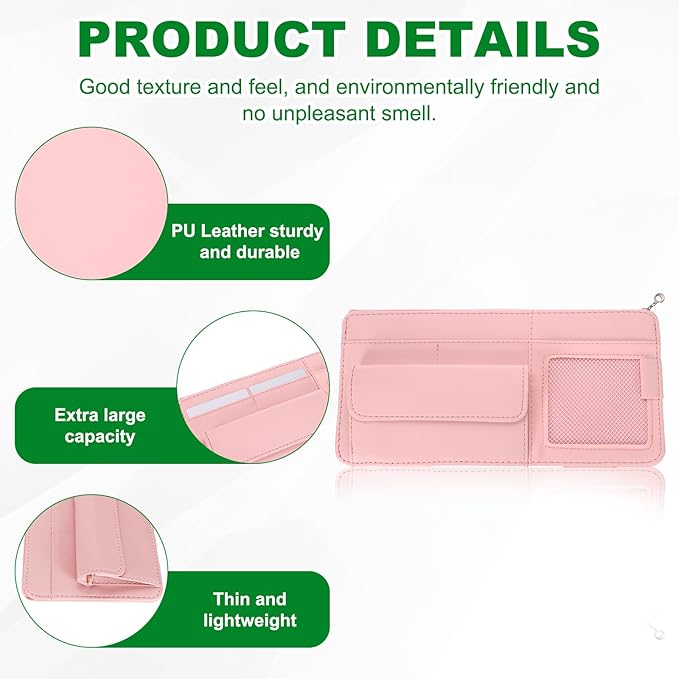 PATIKIL 1 Pcs Car Sun Visor Organizer, 12.8 x 6.5 Inch PU Leather Vehicle Storage Pouch Holder for Sunglasses Card Pen Driver License Car Accessories, Pink