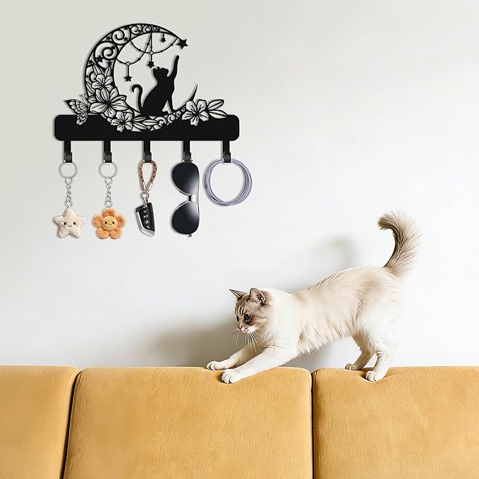 Cat Key Holder Wall Mount, Floral Moon and Star Metal Key Hanger with Butterfly, Cute Wall Decor with Storage, 13.4x9.5 Inch 