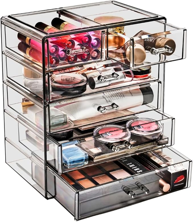Sorbus Acrylic Makeup Organizer Set, 6-Drawer Vanity & Countertop Cosmetic Storage with Small & Wide Drawers, Black Jewel Mak