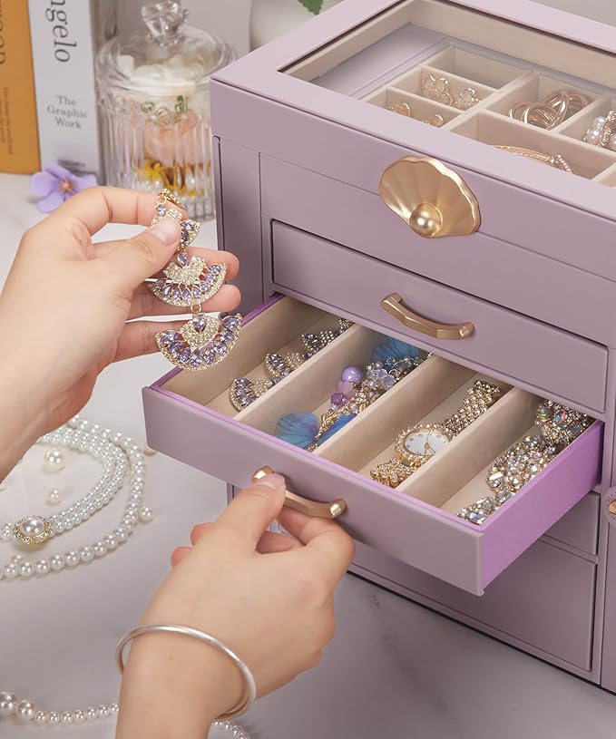 Enthralite Jewelry Box with 4 Drawers: Display Organizer for Earrings Necklaces - Gifts for Girls Women (Grey Purple)