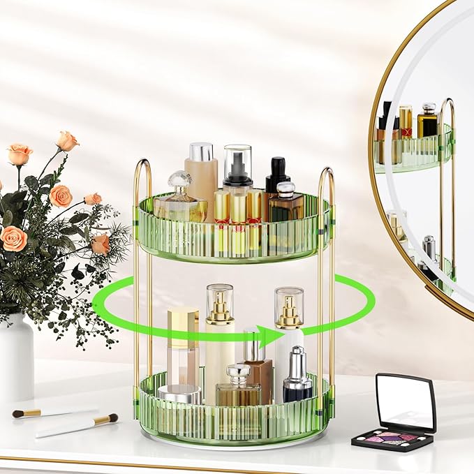 MOKANI 360 Rotating Makeup Organizer for Vanity, 2 Tier Adjustable Perfume Organizer for Dresser, Multi-Function Spinning Cos