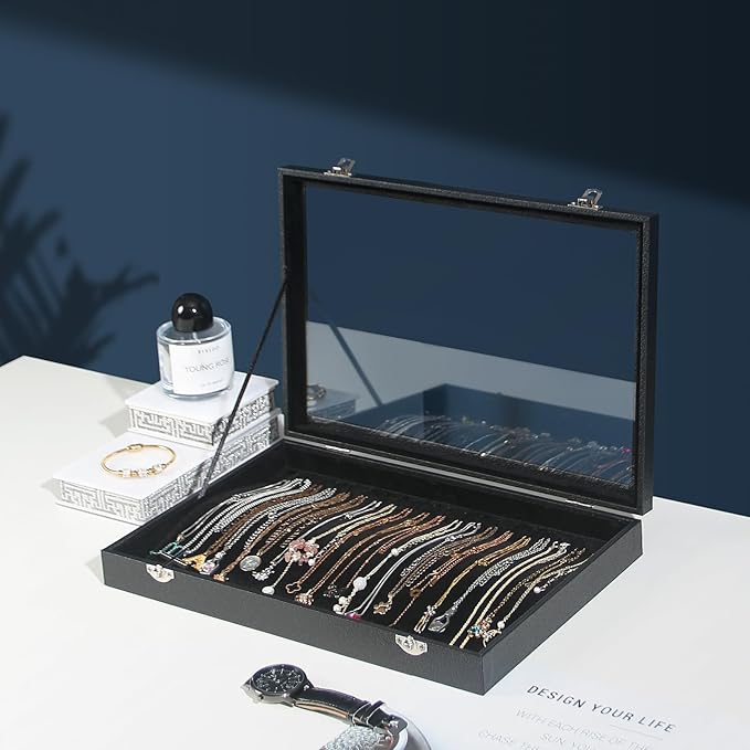 Coward 20 Hooks Necklace Organizer Jewelry Box, Dustproof Necklace Display Holder Case, Black Velvet Necklace Display Tray Ca