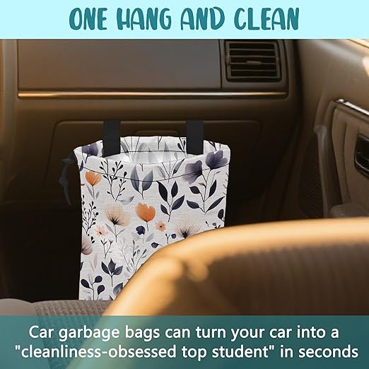 Car Garbage Bag Colorful Wildflowers and Leaves Hanging Canvas Car Trash Bag Drawstring Car Back Seat Organizer for Car Back Front Seat Console with Adjustable Buckle