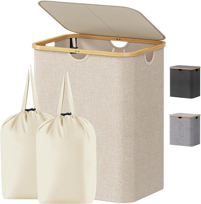 Lifewit 120L Laundry Basket with Lid, Clothes Hampers for Laundry with Bamboo Handles and 2 Removable Bag, Large Foldable Lau