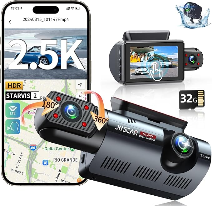 3 Channel Dash Cam with WiFi & GPS, Front and Rear/Inside, Voice Control 4K/2.5K+1080P+1080P Triple Dash Camera for Cars, 3" 