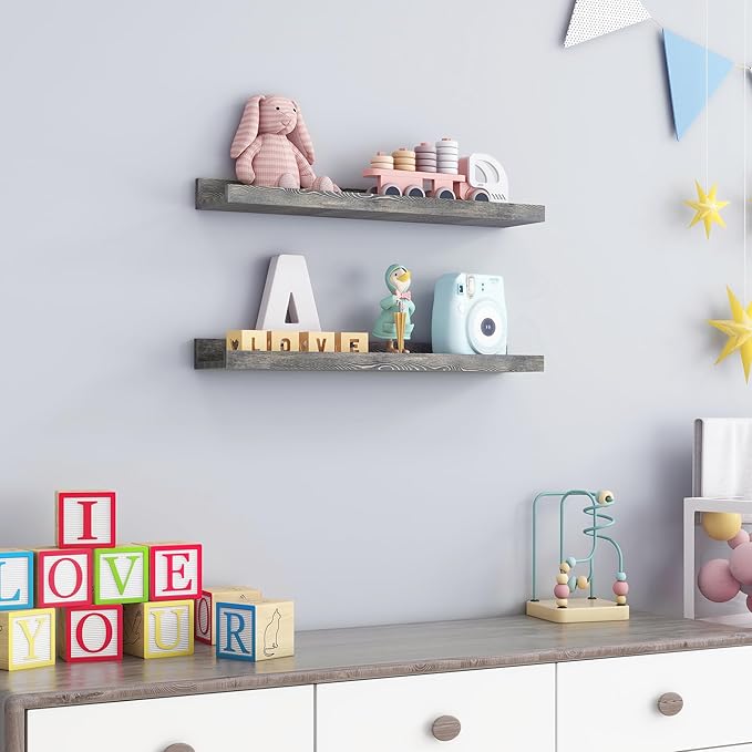 24 Inches Floating Shelves for Wall, Solid Pine Wood Picture Ledge Shelves, Wall Shelves with Lips, Nursery Book Shelves for 