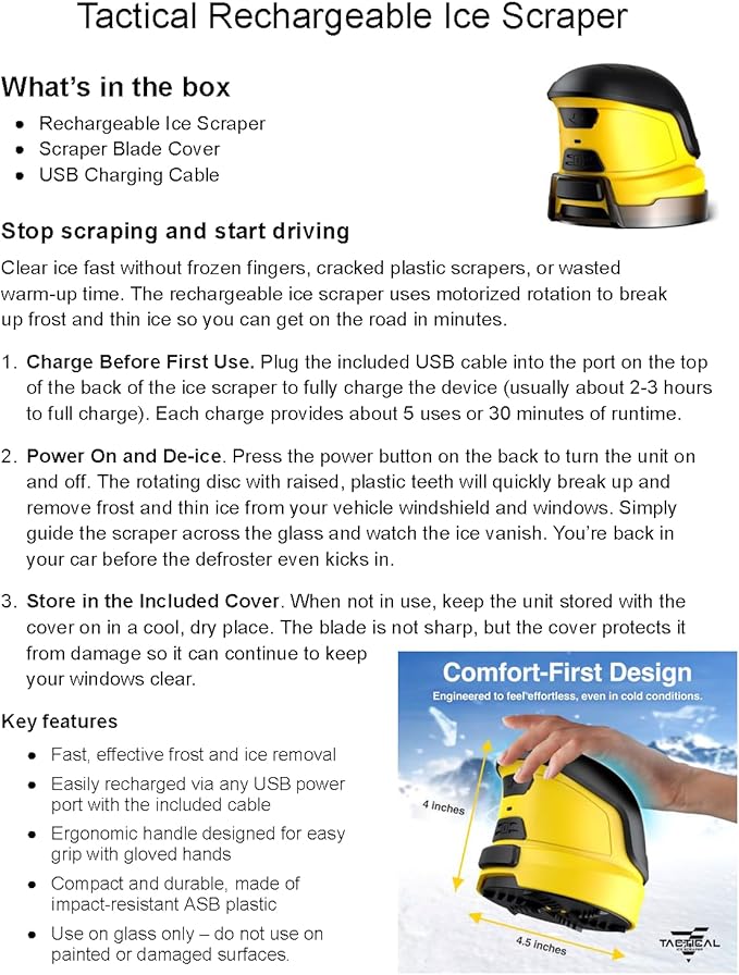 Tactical Ice Scraper Electric Scrapers for Car Windshield with Motorized Rotating Disc Rechargeable Cordless Scratch Free Best Ice Scrapper & Snow Remover Tool for Winter Driving