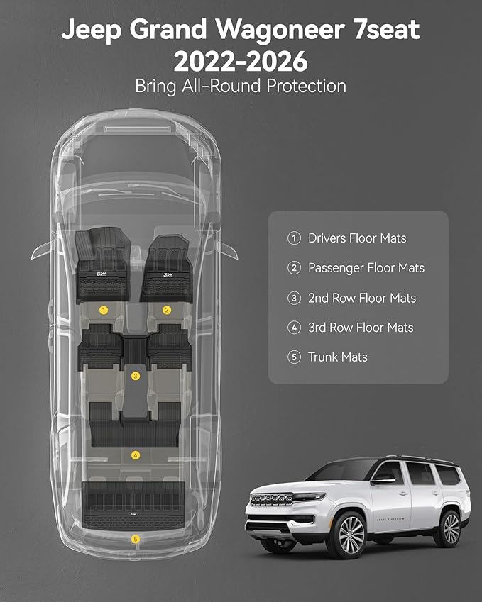 3W Floor Mats & Cargo Liner Fit for Jeep Grand Wagoneer 2022-2025 7 seat (Not Fit for L or 8 seat), TPE Custom Fit Wagoneer Floor Liner for 1-3 Rows and Trunk Mats Full Set Car Accessories