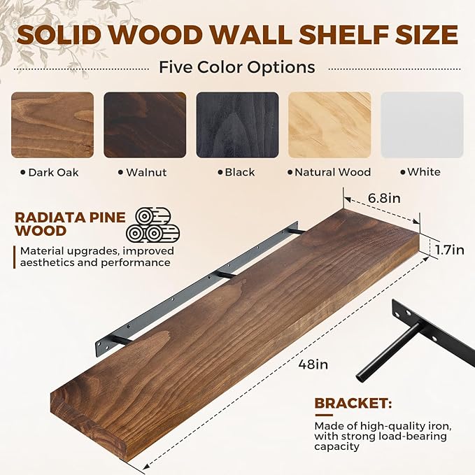 Floating Wall Shelf 48x6.8x1.7 Inch – Solid Wood Shelf in Dark Oak Finish – Extra Long Wall Mounted Rustic Display Shelf for 