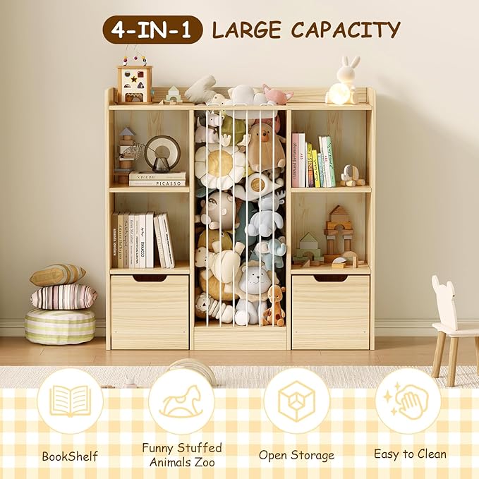 Toy Storage Organizer with Stuffed Animal Storage, Solid Pine Wooden Toy Organizer & Stuffed Animal Zoo, 4 Cubes Shelf with 2