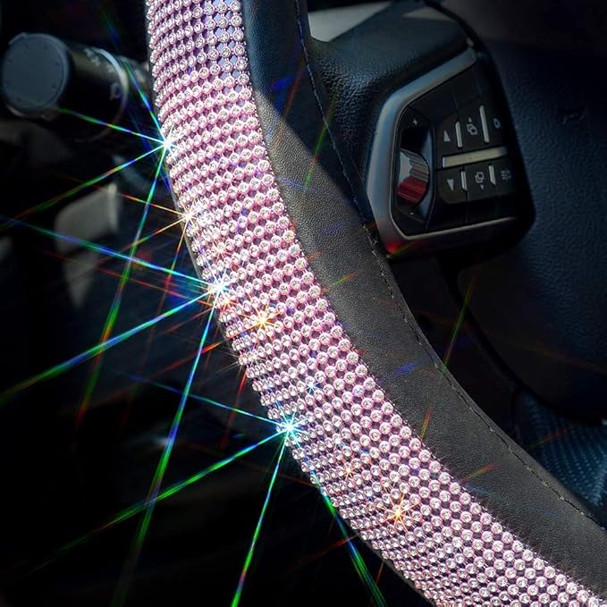 New Diamond Leather Steering Wheel Cover with Bling Bling Crystal Rhinestones, Universal Fit 15 Inch Car Wheel Protector for 