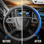 18-Inch Genuine Leather Steering Wheel Cover for Semi Trucks – Blue with Black Carbon Fiber Imitation, Heavy-Duty Non-Slip Grip, Universal Fit, Easy Installation