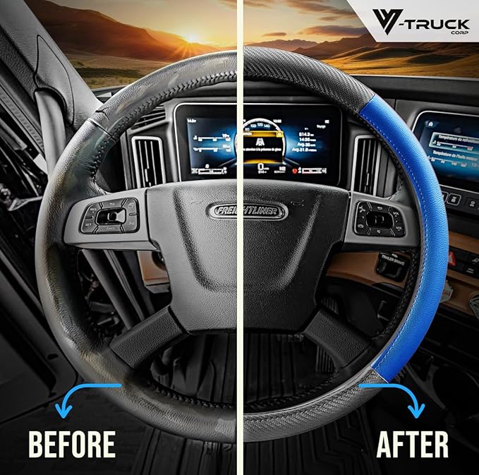 18-Inch Genuine Leather Steering Wheel Cover for Semi Trucks – Blue with Black Carbon Fiber Imitation, Heavy-Duty Non-Slip Grip, Universal Fit, Easy Installation