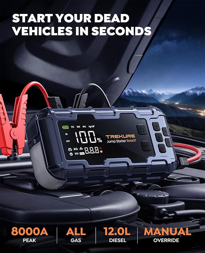 TREKURE 10-in-1 Car Battery Jump Starter Box with Jump Cables & Gloves for All Gas & 12L Diesel, 8000A Portable Battery