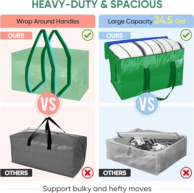 BALEINE 4-Pack Oversized Moving Bags with Reinforced Handles, Heavy-Duty Storage Tote for Clothes, Moving Supplies (Light Gre