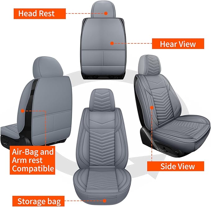 Nappa Leather Car Seat Covers Full Set, Gray Car seat Protector 5 Seats, Waterproof Car Seat Cushion, Universal Automotive Se
