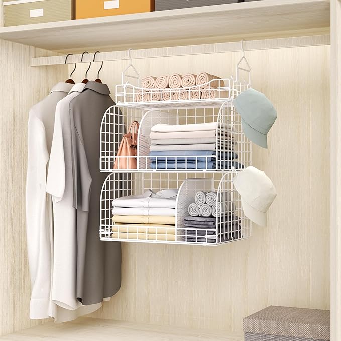 HapiRm Hanging Closet Organizer Storage - 3 Tier Metal Stackable Hanging Closet Shelves with Dividers and S Hooks, Foldable C