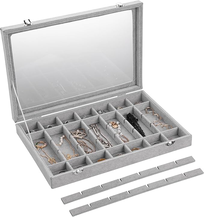 Frebeauty Velvet Jewelry Tray,35 Grid Jewelry Organizer with Clear Lid,Earring Holder Organizer Case with Clasp,Drawer Insert