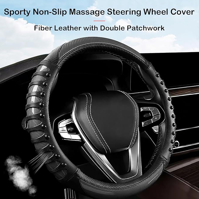 3D Massage Car Steering Wheel Cover,14.5-15 Inch Universal Black Carbon Fibre Leather Covers Breathable Anti-Slip Odorless St