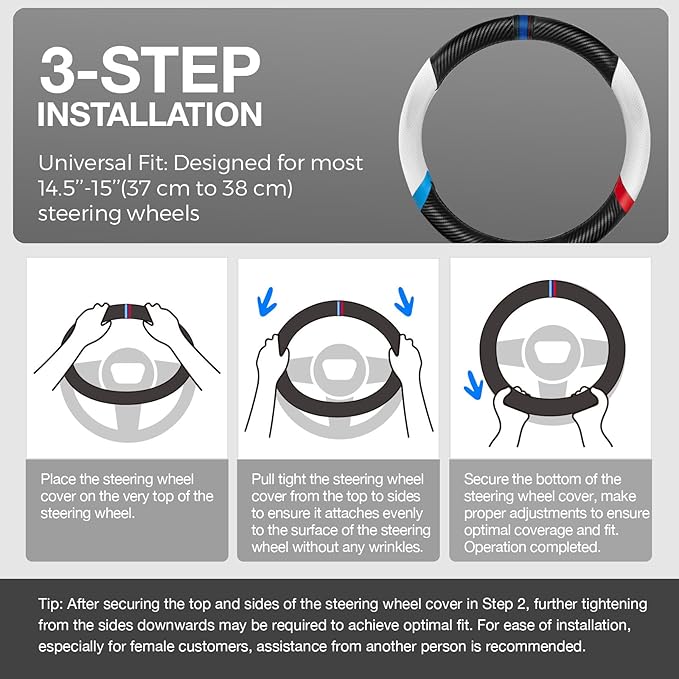 Carbon Fiber Steering Wheel Cover, Non-Slip and Sweat Absorbent, 15" Steering Wheel Covers for X5 X3 Men Women, Black (White&Black Sport Edition)