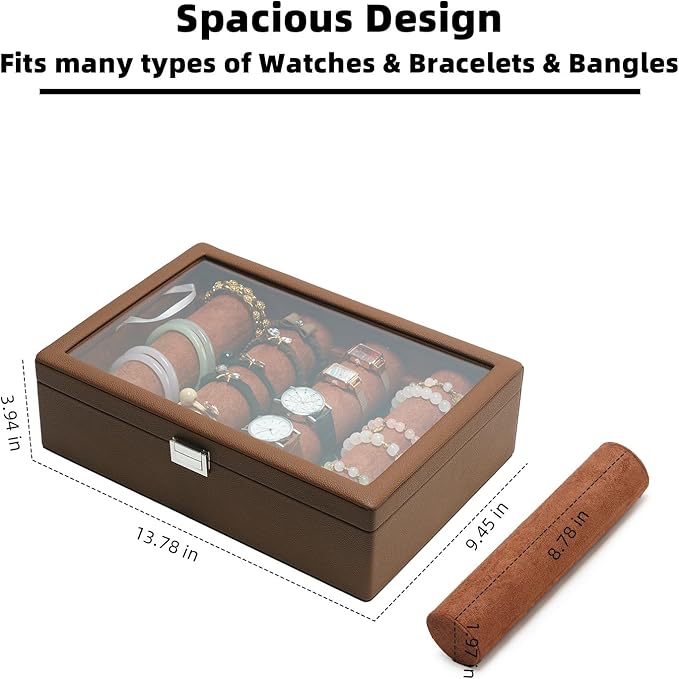 Bracelets Organizer Rods Bangles Display Holder, Clear See through Lid Leather Velvet Jewelry Storage Box Case for Women, 4 R