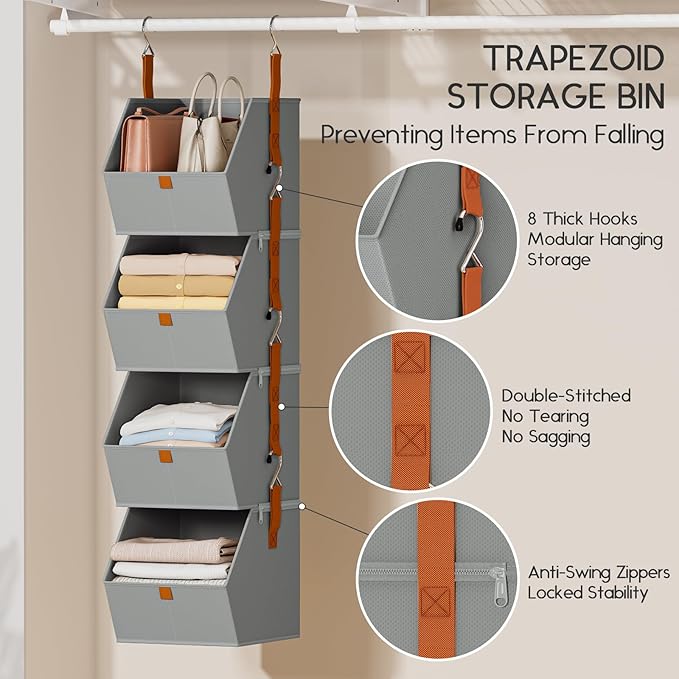 Homsorout Hanging Closet Organizer 4 Tier - Clothes Hanging Shelves, Space-Saving Closet System, Fabric Storage Bins Bedroom 