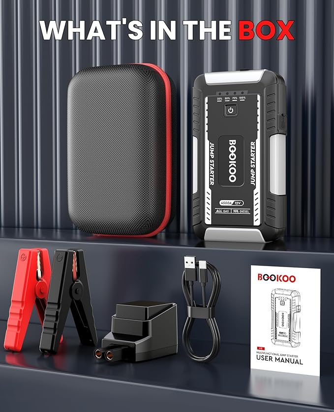 BOOKOO Portable Car Jump Starter, 4500A Jump Start Battery Pack up to 10.0L Gas/ 8.0L Diesel Engines, 12V Car Battery Jump