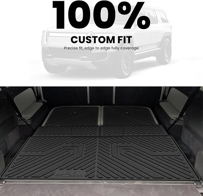 LASFIT Trunk Mat & Backrest Mats for Rivian R1S 2025 2024 2023 2022, All Weather TPE Custom Fit Cargo Liner for R1S Cargo Mat, Black, Easy to Clean