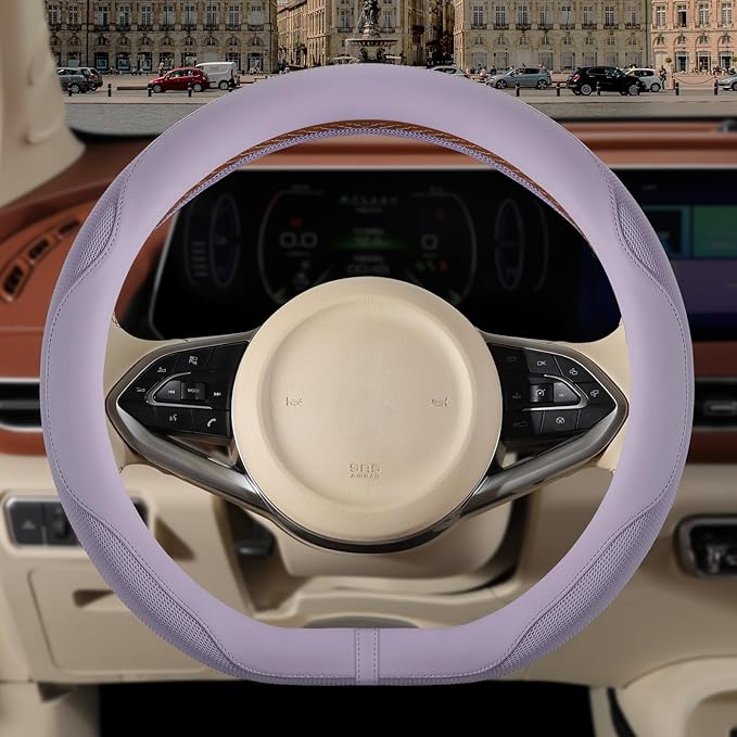 Nappa Leather Purple D Shape Steering Wheel Cover, Advanced Microfiber Leather Non-Slip Breathable Fabric, Warm in Winter and