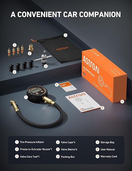 AstroAI Tire Pressure Gauge for Cars with Backlit LED, Solid Brass with Rubber Hose, Air Bleeder Valve, ANSI B40.7 Grade 2A(±0.5%), 3-250PSI
