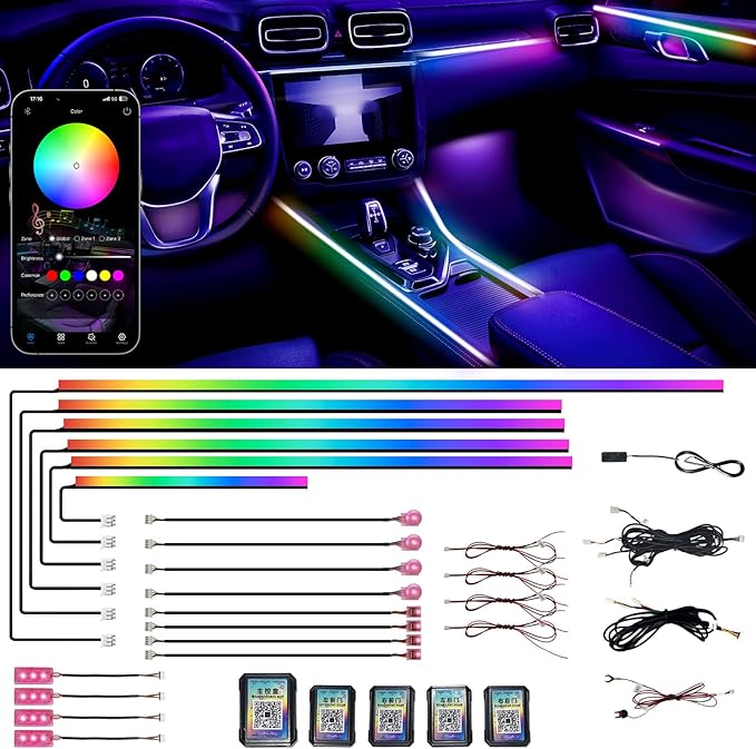 Acrylic Interior Car LED Strip Lights, Dreamcolor 18-in-1 Car Ambient Lighting Kit, with APP Control, 622 LED Fiber Optic Strip Lights for Cars, Supports Neon Sync with Music DIY Mode.