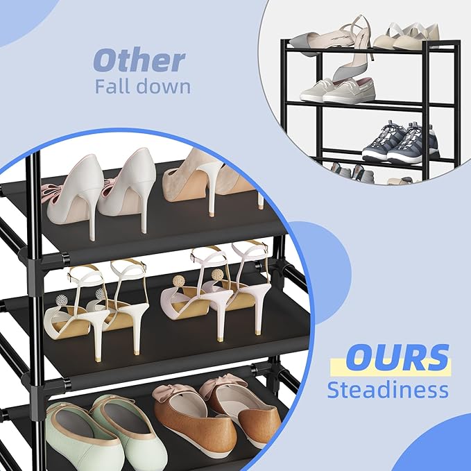 Simple Trending Tall Shoe Rack for Closet, 10 Tiers Narrow Shoe Shelf Holds 20 Pairs, Shoe Organizer Storage with Hooks, Blac