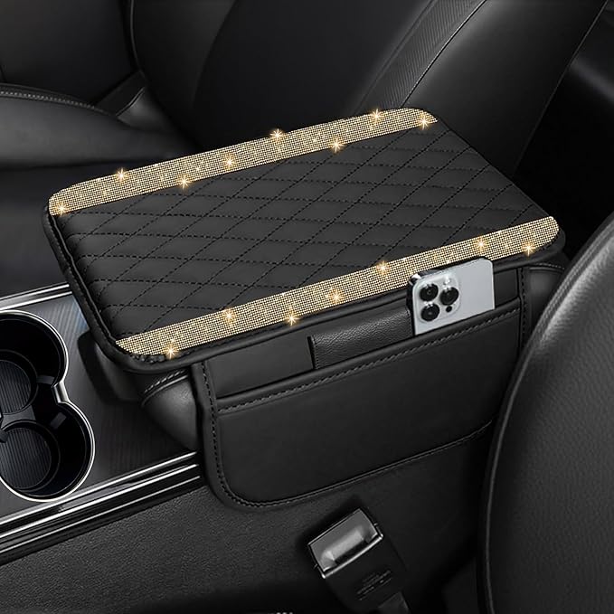 NBTEPEM Bling Car Center Console Cover, Leather Car Arm Rest Cover Cushion with 2 Storage Bags, Universal Auto Armrest Protector, Bling Accessories Interior for Most Vehicles(Gold Champagne Diamond)