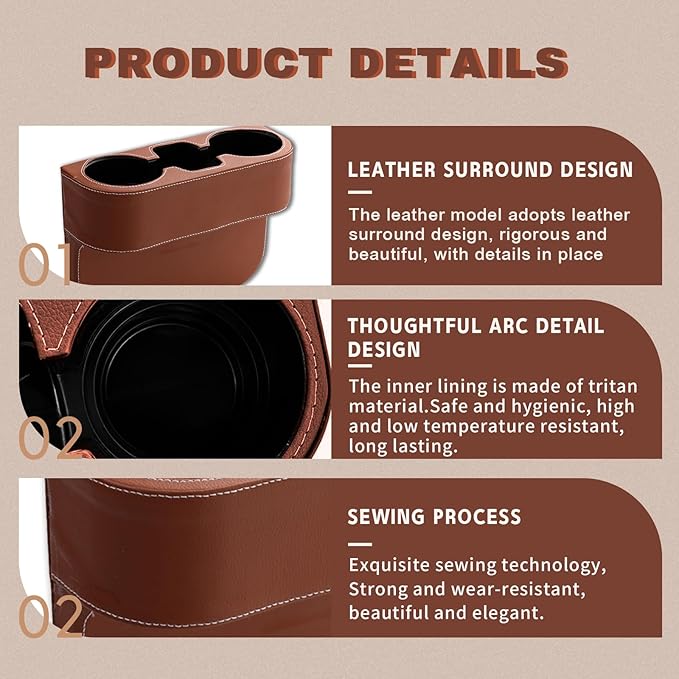 Car Cup Holder, PU Leather Auto Front Seat Organizer, Multifunctional Cup Drink Holders, Gap Filler Storage Box Coin Bucket Console Side Pocket Cell Mobile Phone Holder (Brown)