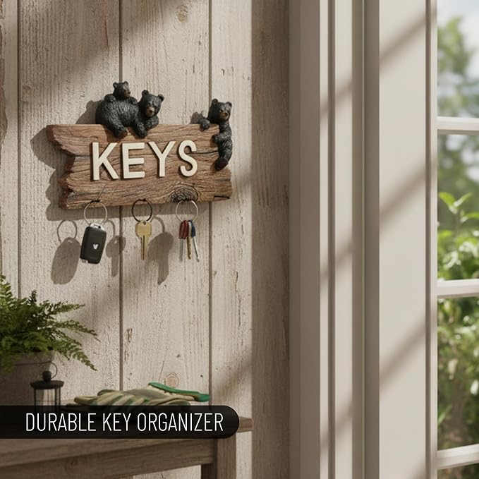 Pine Ridge Bear Key Holder - Decorative Key Hanger for Wall, Black Bear Rustic Key Hooks Organizer for Cabin