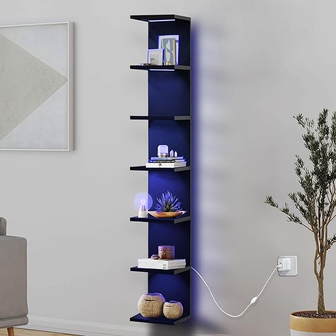 7-Tier Wall Shelf with 10 RGB Lighting Modes, Multifunctional Wall Mounted Vertical Display Floating Shelf for Bedroom Living