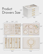 Vlando Jewelry Box for Women, Glass Lid Jewelry Organizer with 4 Drawers for Necklaces Rings Earrings Bracelets Christmas Gif