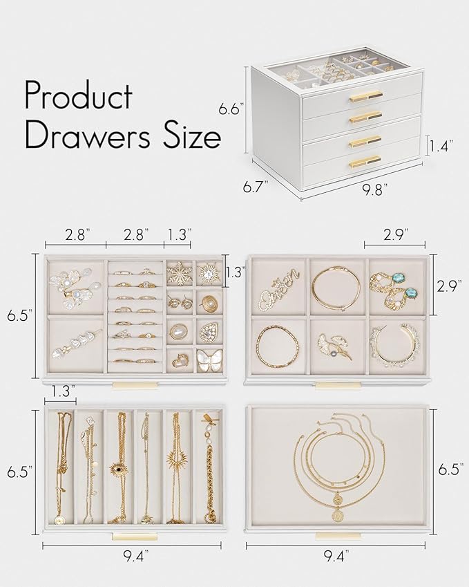 Vlando Jewelry Box for Women, Glass Lid Jewelry Organizer with 4 Drawers for Necklaces Rings Earrings Bracelets Christmas Gif
